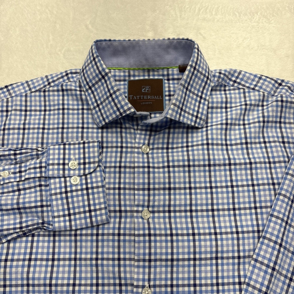 Tattersall London Blue Gingham Plaid Dress Shirt 16.5 32/33 Preppy Business